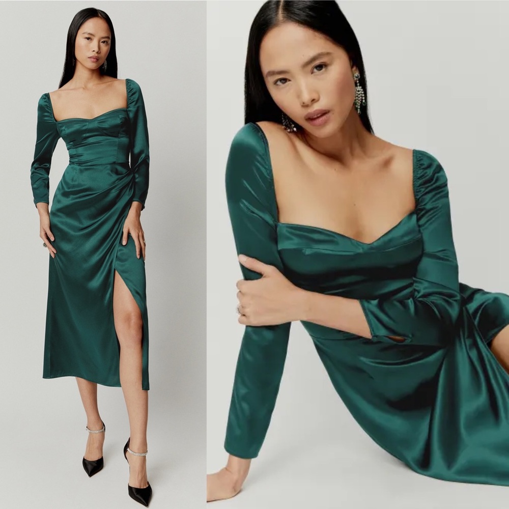Reformation Gloriana Silk Sweetheart Wrap Midi Dress Forest Green Size 6
